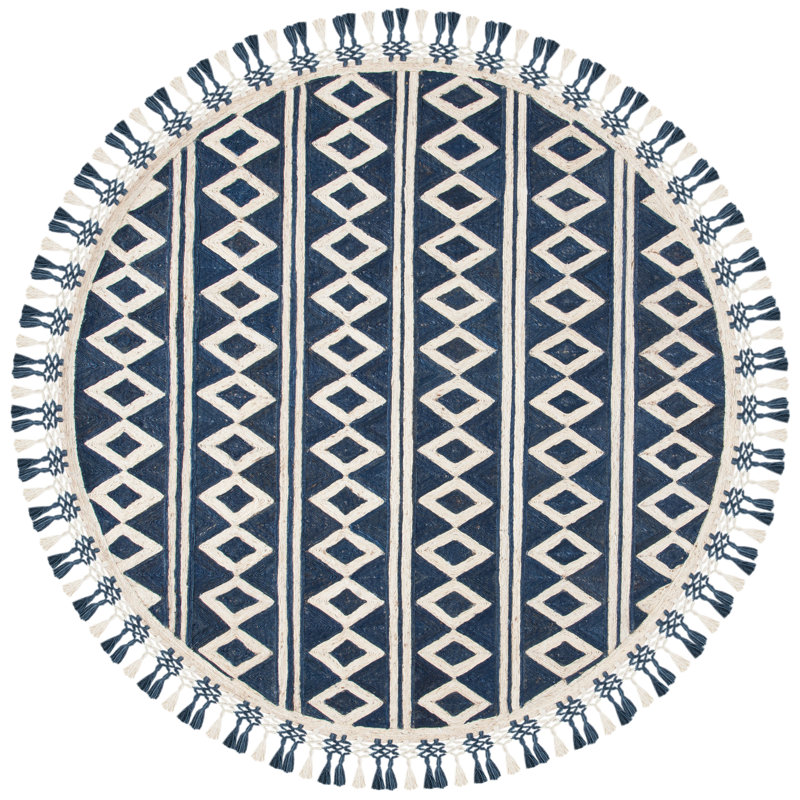 Cunningham Hand Tufted Jute/Cotton Geometric Rug in Blue/Beige, Round 6'