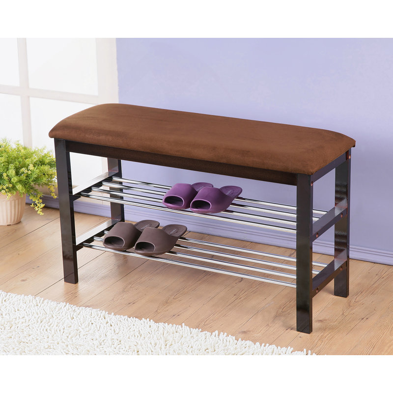 Banc à chaussures en bois avec siège en microfibre chocolat