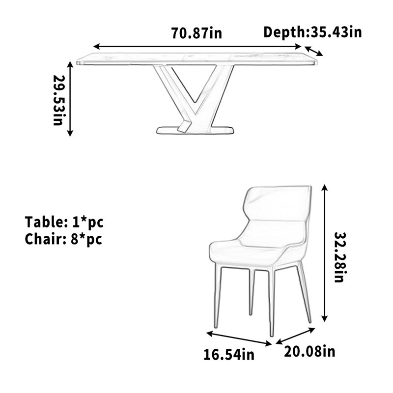 Table de salle à manger rectangulaire, 9 pièces : table, 8 chaises, 29.53" H x 70.87" W x 35.43" D
