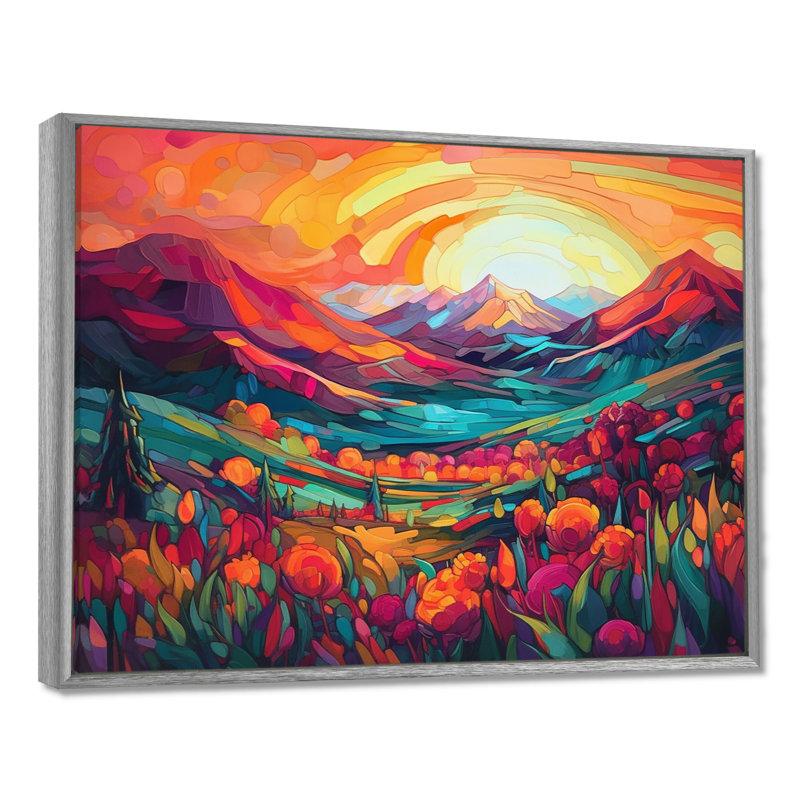 «Vibrant Sunset Shining Over Mountains I», art sur toile, H 16 po x l 32 po x P 1 po, Encadrement argenté