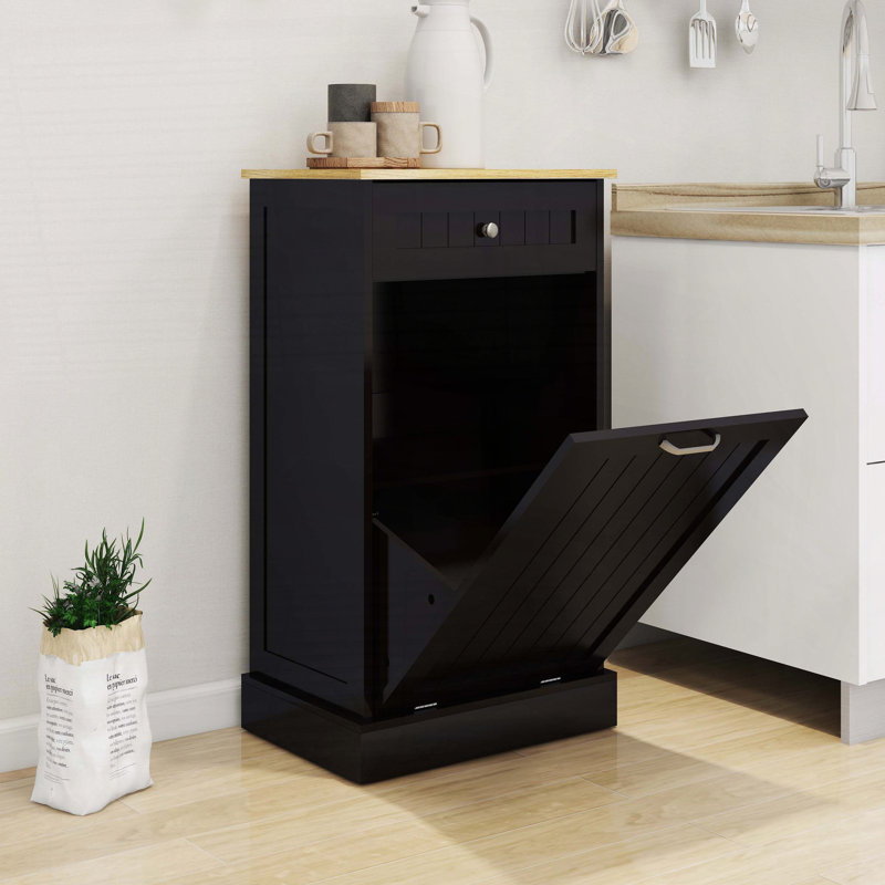 Armoire à ordures inclinable à un tiroir et un compartiment - Panneau de fibres à densité moyenne noir peint UV, Noir