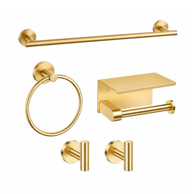 Ensemble de 5 pièces de quincaillerie de salle de bain en acier inoxydable doré brossé, ensemble d'accessoires de salle de bain mural avec barre à serviettes, anneau à serviette, porte-papier hygiénique et 2 crochets à peignoir pour la décoration de salle de bain