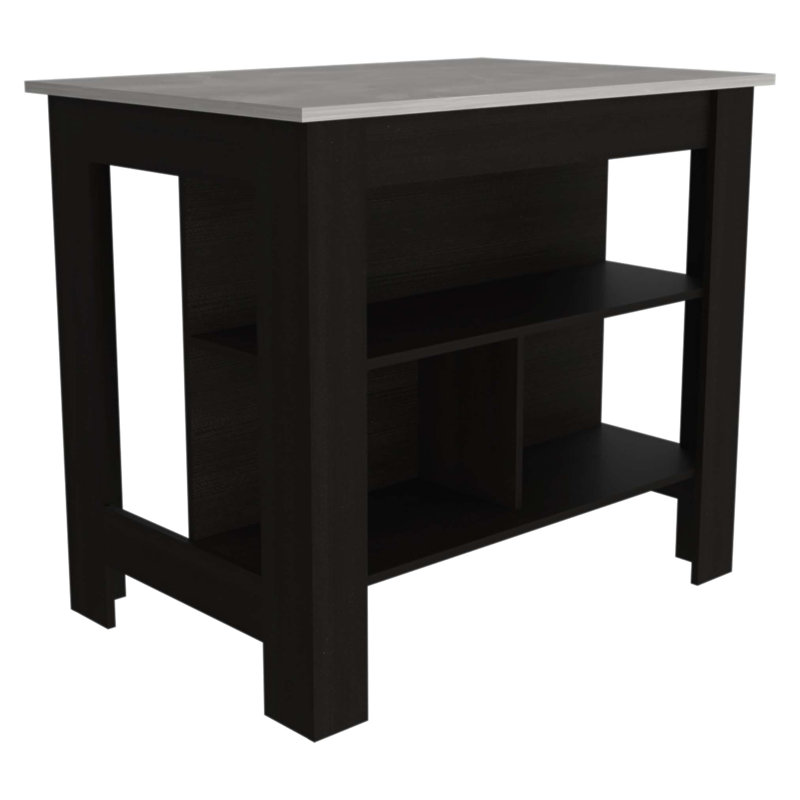 Rockaway 3-Shelf Kitchen Island with Ibiza Marble Top, Perfect for Organizing and Meal Prepping in Modern Kitchens., Black