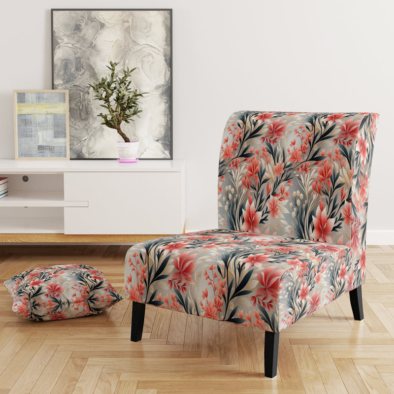 Fauteuil de chambre rembourré C, Motif tropical corail discret II