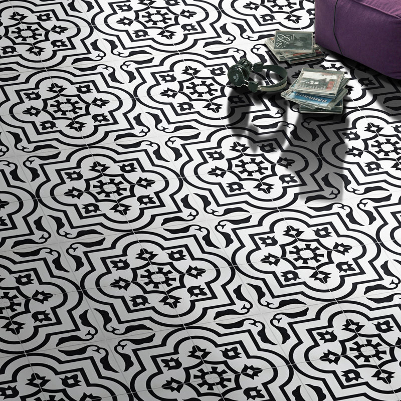 Carreau de mur et de sol à motif ciment 8 po x 8 po Taza, Blanc / Noir