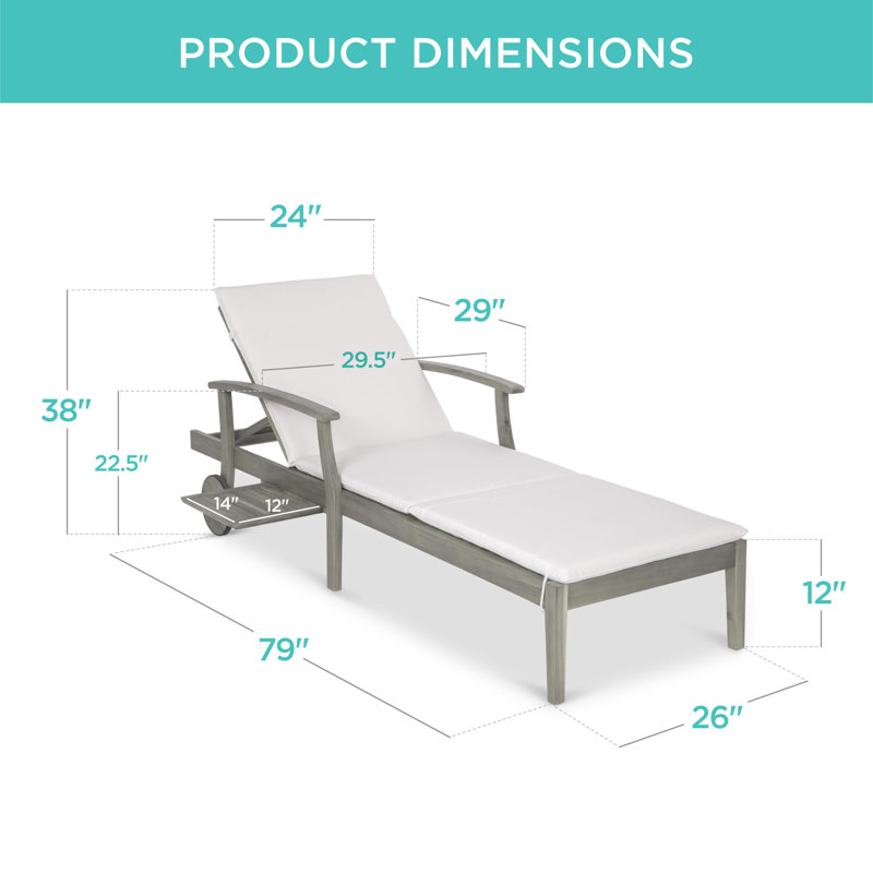 79x26in Acacia Wood Chaise Lounge Chair Recliner, Outdoor Furniture for Patio, Poolside w/Slide-Out Side Table, Foam-Padded Cushion, Adjustable Backrest, Wheels
