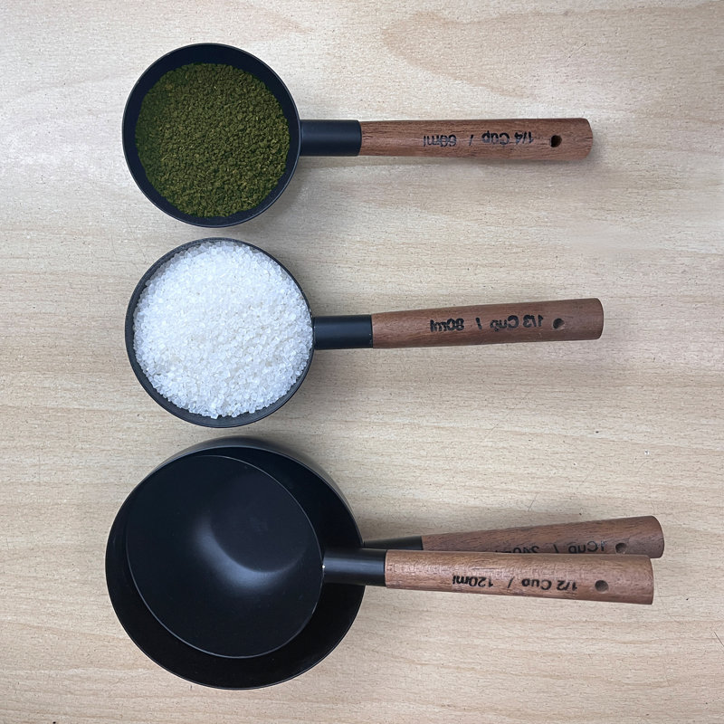 Black Stainless Steel Measuring Cups with Wooden Handles, Set of 4