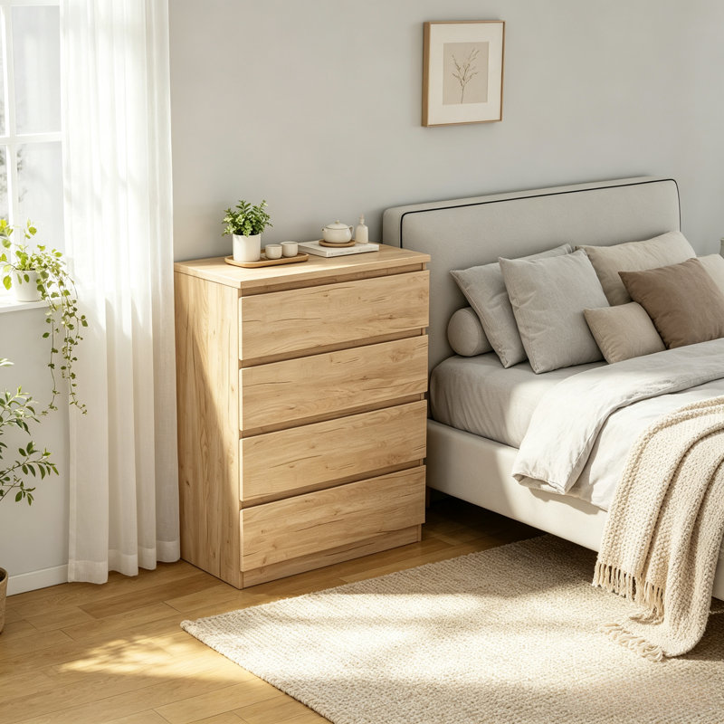 Commode à 4 tiroirs 31,5 po en bois naturel, commode de rangement étroite sans poignée avec tiroirs coulissants, rangement pour garde-robe peu encombrant pour la chambre à coucher