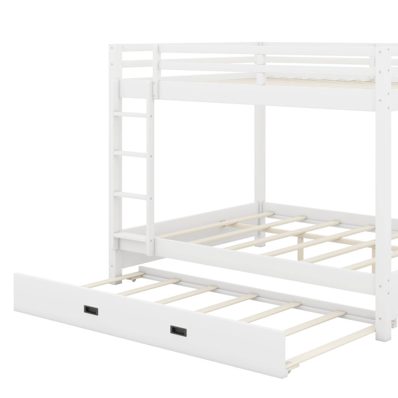 Queen Size Bunk Bed With Ladder And Trundle, White