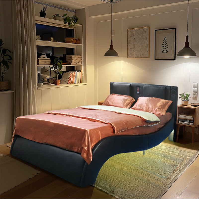 Très grand lit tapissier en similicuir avec massage et massage par vibration, Très grand lit, Noir