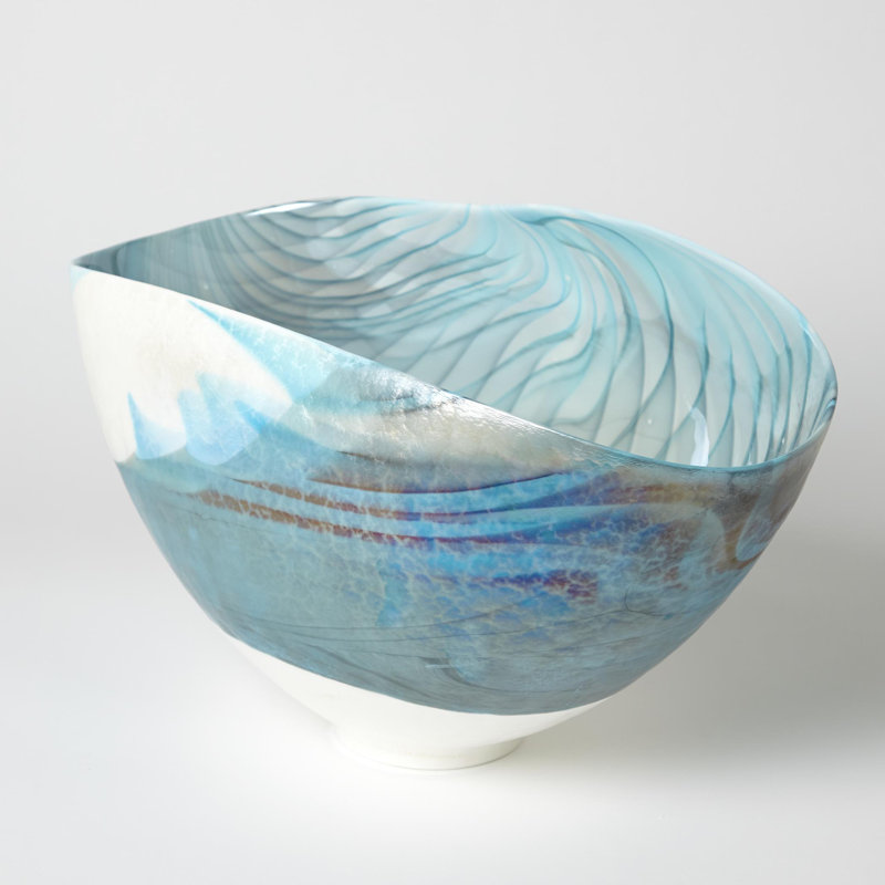 Ivory Turquoise Feather Swirl Oval Bowl-Sm