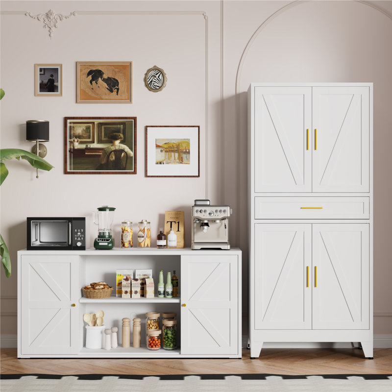Armoire de rangement pour garde-manger de 71 po de hauteur avec tiroir et tablettes réglables, Blanc