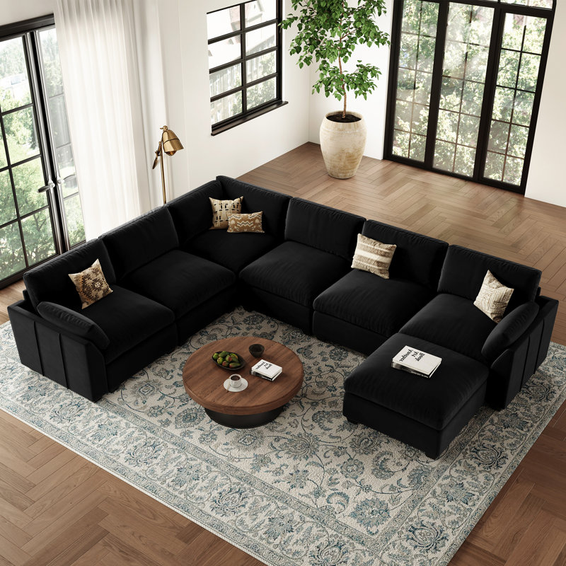 137.8" W U-Shaped Modular Sectional, Black Velvet