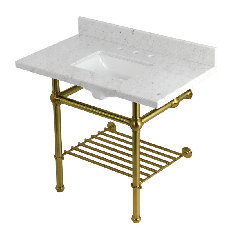 Kingston Brass Templeton 36-Inch Carrara Marble Console Sink with Brass Legs and Shelf (8-Inch, 3-Hole)
