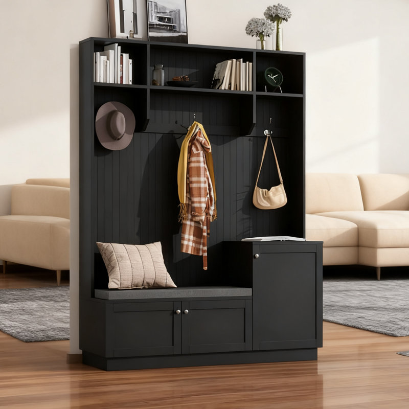 Portemanteau moderne 70 po avec banc rembourré, armoire à chaussures et porte-manteaux ON-TREND, organisateur de vestibule avec 2 armoires et 3 tablettes, noir / blanc