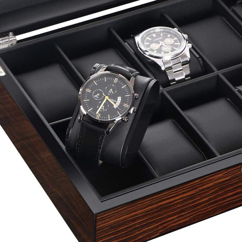 Boîte à montre - Boîtier de montre de luxe à 10 emplacements avec plateau en verre véritable, intérieur en similicuir lisse, organisateur de montre, brun