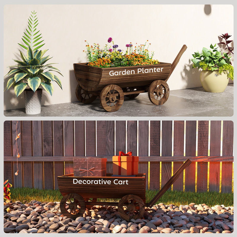 Wooden Wagon Planter Box, Mobile Garden Planter with 4 Wheels