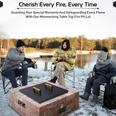 Febtech - Square Fire Pit Snuffer Lid - Carbon Steel Fire Pit Pan Lid For Firepit- Steel Fire Pit Cover With Wooden Handles Fire Pit Shield For Outdoor Fire Pit Burner Cover Camping Accessories