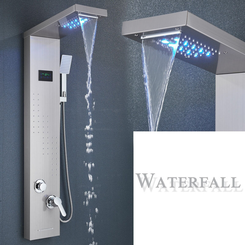Panneau de douche en nickel brossé avec système de douche à jets de pluie et cascade en acier inoxydable