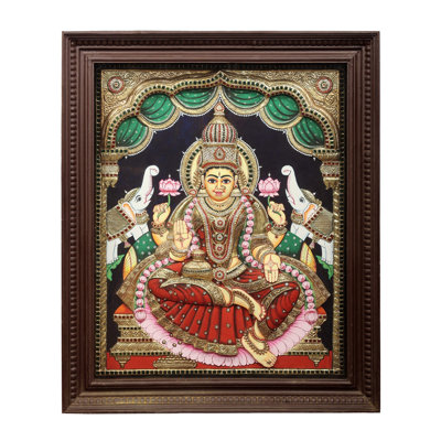 Peinture Gajalakshmi Tanjore | Couleurs traditionnelles avec or 24 carats | Structure en bois de teck