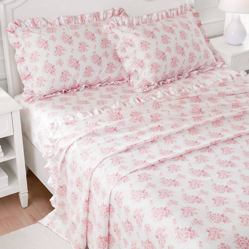 Microfiber Ruffle MF Solid Ruffled Hem Sheets, King, Pink Floral