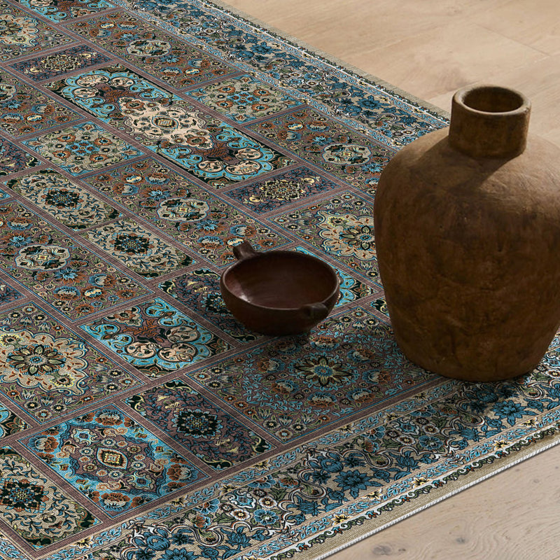 Oriental Floral Machine-Washable Non-Slip Rug., Rectangle 5' x 8'