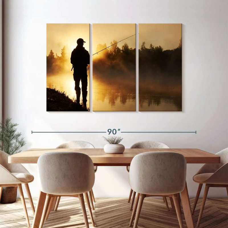 «Foggy Riverbank Fishing», 3 pièces sur toile, H 48 po x l 74 po x P 1,25 po
