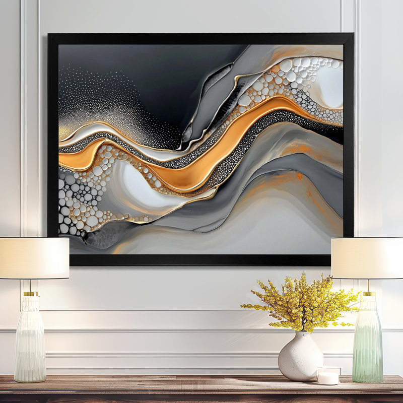 Fractale dorée et grise à l'encre Shift II - reproduction d'art moderne abstrait transitionnel, H 12 po x l 20 po, Noir