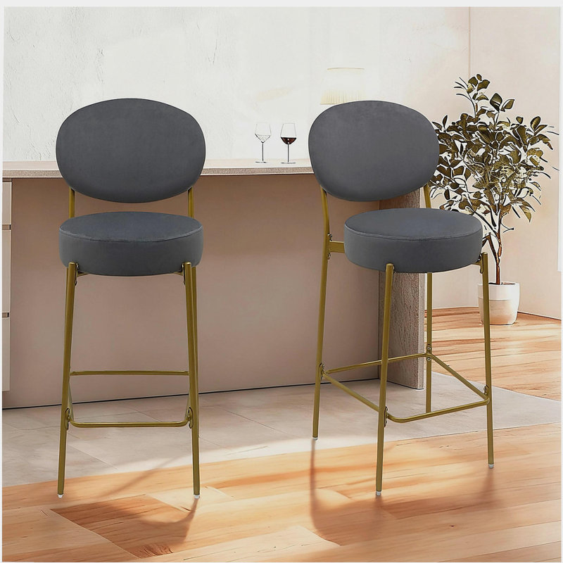 Ensemble de 2 tabourets de bar rembourrés en velours avec tabouret de comptoir rond avec dossier et repose-pieds pour îlot de cuisine (gris)