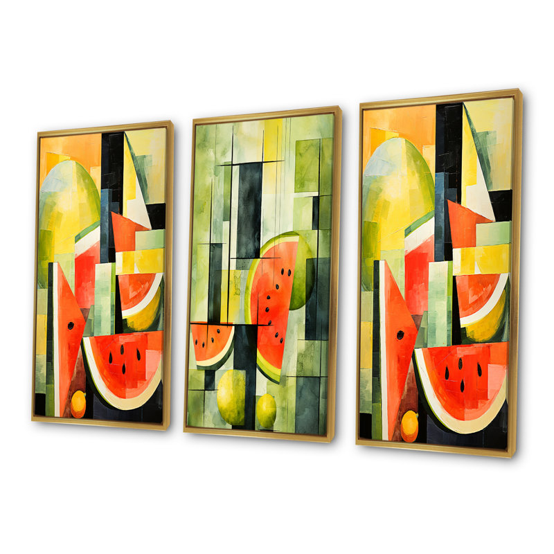Cubic Green Watermelon Motif I - Melon, ensemble de 3 reproductions d'art sur toile, Cadre flottant doré, H 32 po x l 48 po