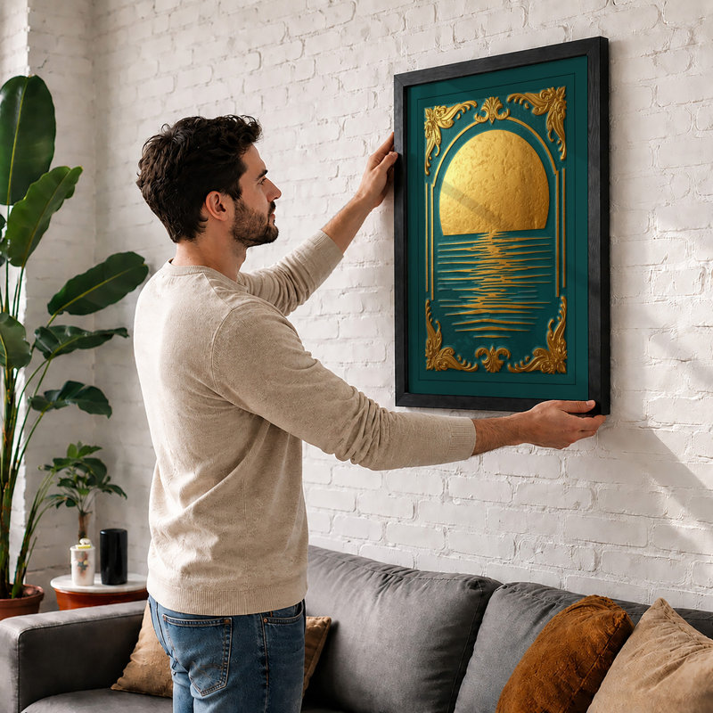 Sunset Over Water Art Deco - Framed Print, A4 - 29.7 x 21.0 cm, White
