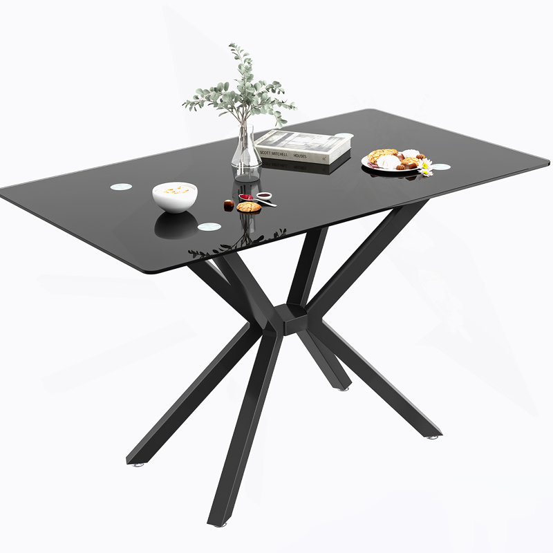Table de salle à manger 47,24 "rectangulaire en verre trempé, design élégant avec pieds en métal noir, table de cuisine pour la salle à manger