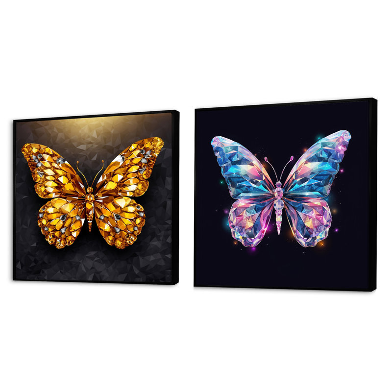 "Papillon rose et or" 2 pièces, Cadre noir, H 16 po x l 33 po