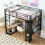 Lit mezzanine double en métal avec rangement en fer et tablettes en MDF et garde-robe ouverte, noir