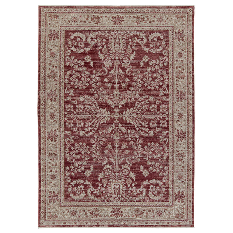 Katarina Red and Light Gray Floral Synthetic Area Rug