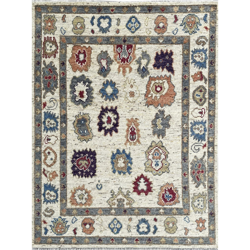 Tapis contemporain ivoire en laine noué à la main, 9 pi x 12 pi