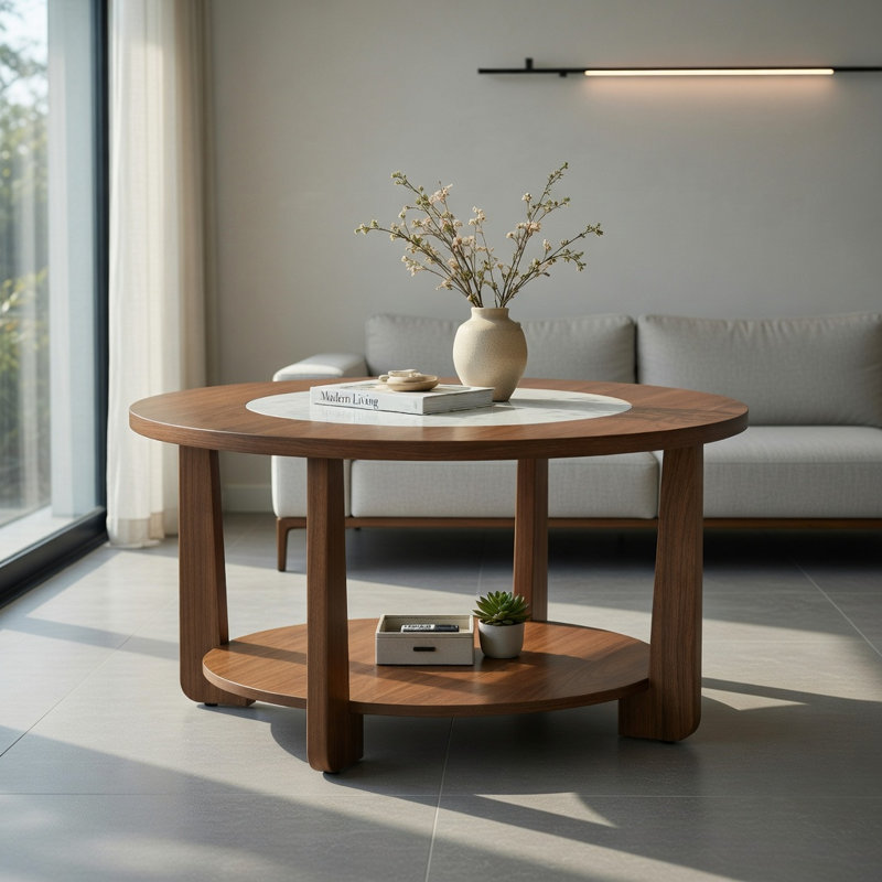 Table basse ronde Hommoo de style campagnard avec plateau bicolore, tablette de rangement ouverte, pieds en bois d'hévéa, table d'appoint de salon de 31,5 po de diamètre, blanc et brun