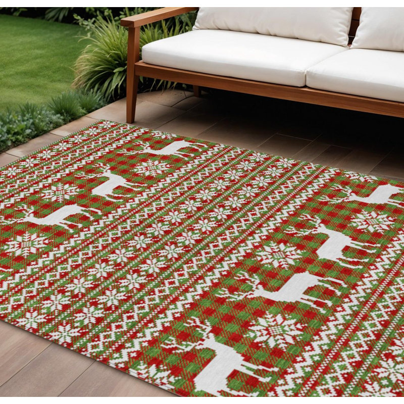 Tapis lavable intérieur/extérieur 2,44 m x 3,05 m, motif cerf vert fougère, rouge et ivoire
