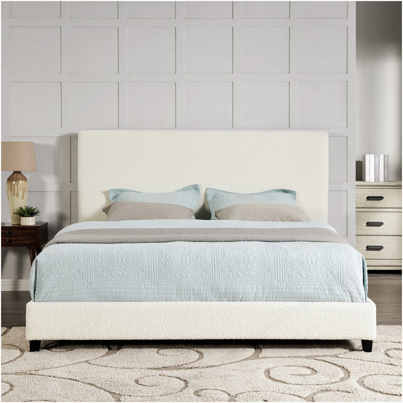 King Size White Boucle Upholstered Platform Bed, White