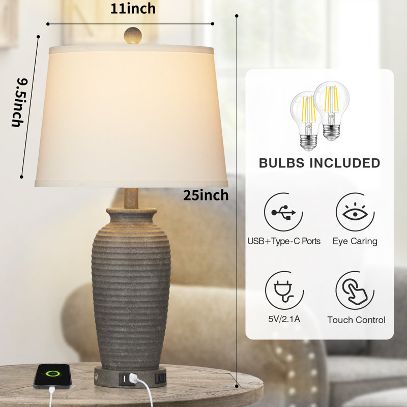 Lampe de table réglable en résine Parisse avec ports de charge USB, Blanc, Gris
