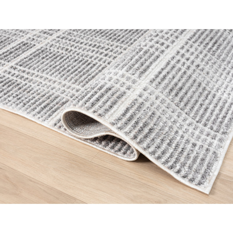 Tapis à motif écossais gris clair / blanc de la collection Clowers, 8 pi x 10 pi, Rectangle 7 pi 5 po x 11 pi 1 po
