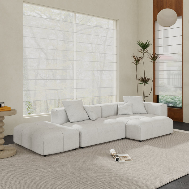 Kay Crumley 3-Piece Upholstered Modern Linen Blend Fabric Sectional With Ottoman, White Linen Blend