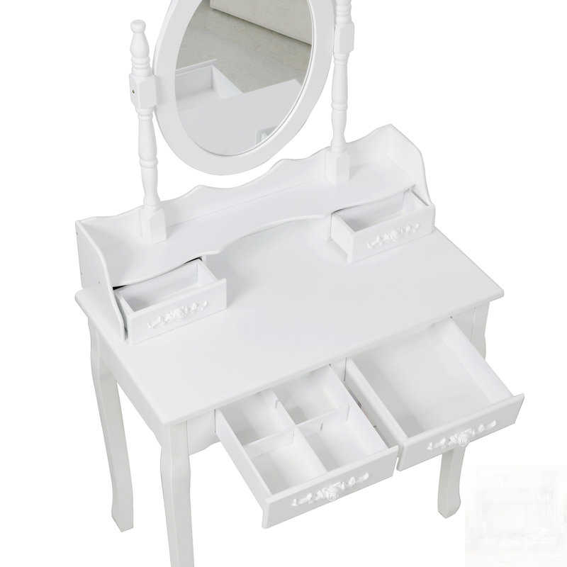 Ensemble de bureau de coiffeuse Princess avec miroir pivotant à 360 °, rangement à 4 tiroirs et tabouret rembourré pour chambre de fille