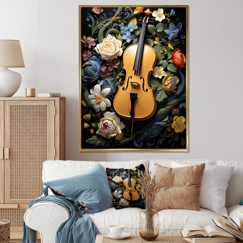 «Yellow Nature's Harmony» - art mural musique, Cadre flottant doré, H 20 po x l 12 po x P 1 po