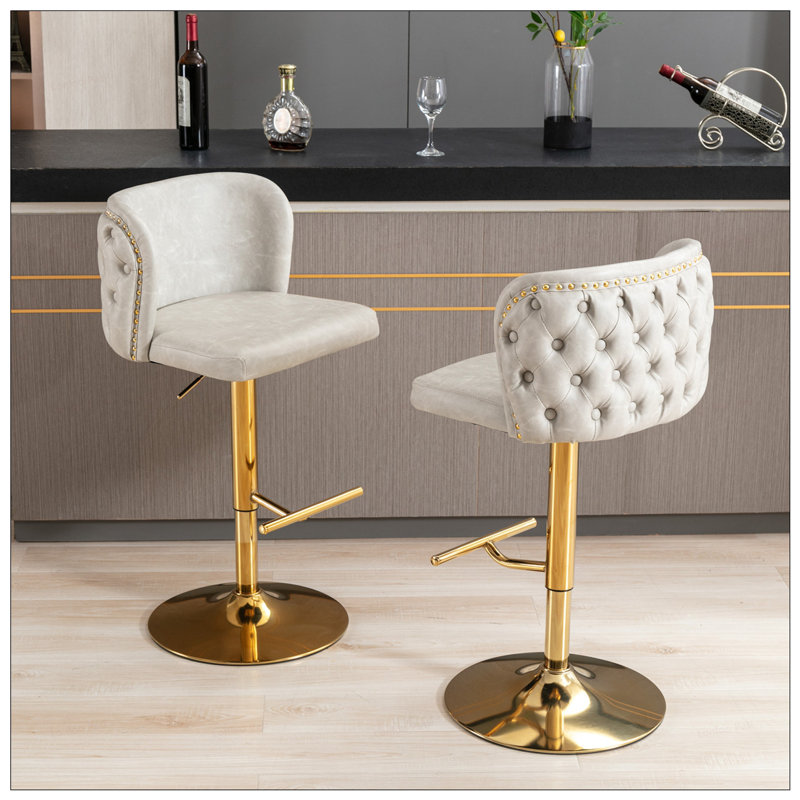 2 tabourets de bar pivotants en polyuréthane à base dorée avec hauteur réglable, Blanc, Doré