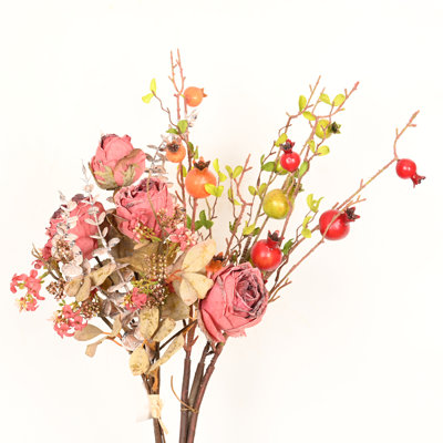24" Artificial Farmhouse Fall Peony Floral Arrangement For Vase Filler, Long Stem Pomegranate Fruits Branches Faux Leafage Flower For Home Wedding Party Dining Table Centerpiece Decor