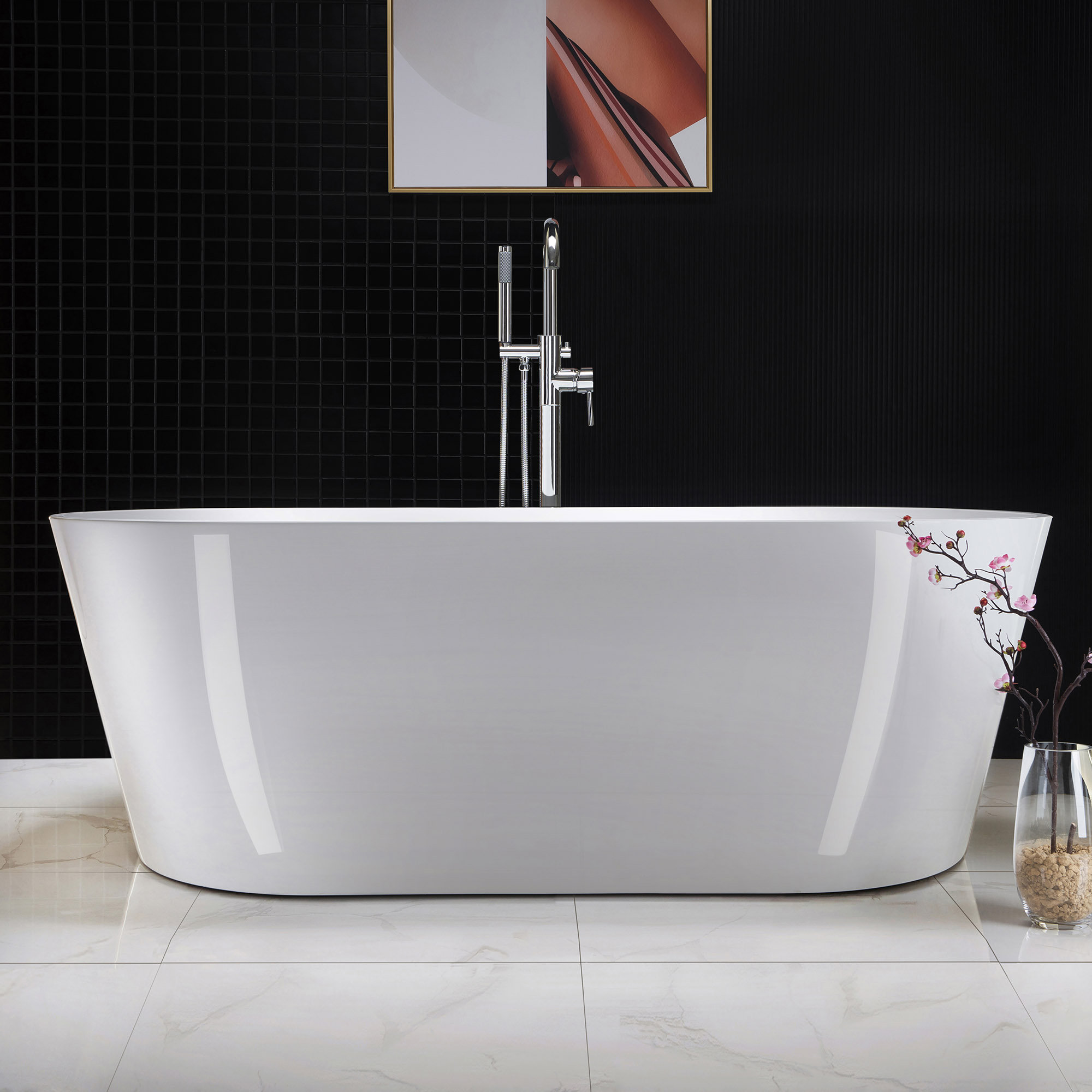 67" x 32" Freestanding Soaking Acrylic Bathtub, Chrome, White