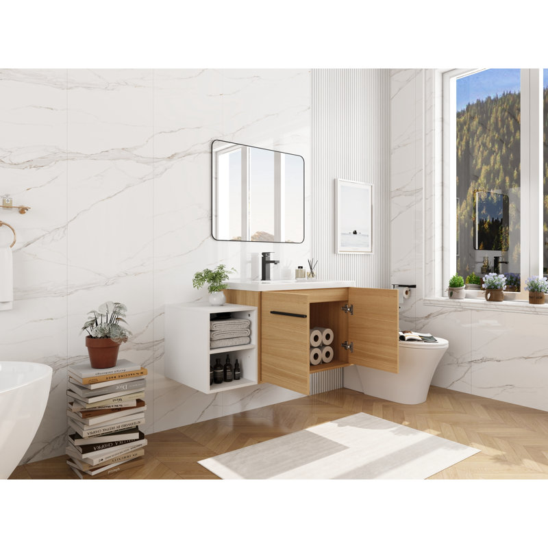 Meuble-lavabo mural avec 2 portes et tablettes de rangement latérales, Natural