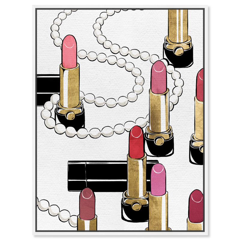 Rouge à lèvres et perles, maquillage - impression, H 15 po x l 10 po, Cadre en bois blanc
