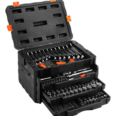 Coffret d'outils et douilles de mécanicien 450 pièces, douilles 1/4", 3/8" et 1/2", outils métriques, embouts, clés, clé mixte, accessoires, en alliage d'aluminium argenté pour la réparation d'équipements et le bricolage